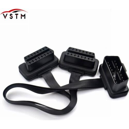 2020 OBD2 Cable Flat+Thin 16 Pin ELM327 Male To 16 Pin 2 Female Y Splitter Elbow OBD II OBD2 Connector OBD2 Extension Diagnos