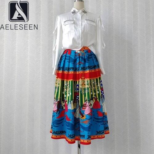 AELESEEN Runway Fashion Women Spring Autumn Sets High Quality White Beading Blouse+Colorful Flower Print Letter Skirt Twinsets
