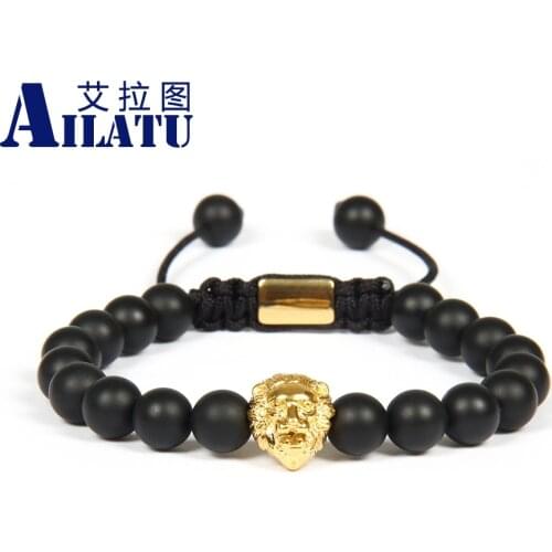 Ailatu Wholesale 10pcs/lot 8mm Natural Matte Onyx Stone with Stainless Steel Lion Head Macrame Bracelet Not Fade