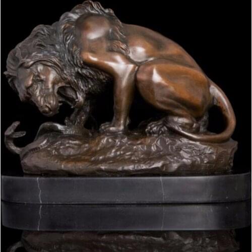 28 CM Western Art Deco Bronze Statue Marble Lion Puma Catamountain Snake Art Sculpture