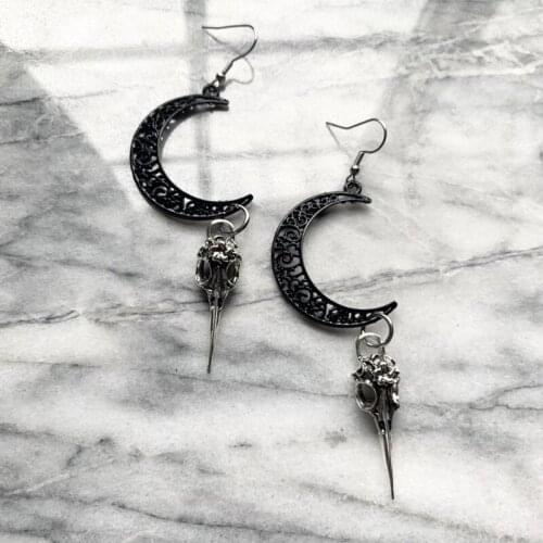 Black Lace Moon Crow Skull Earrings Drop Crescent Fashion Goth Witch Statement Jewelry Women Gift Punk Creative 2021 Trend
