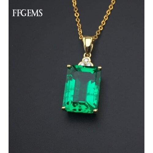 FFGEMS Lab Created Colombia Emerald Pendant Sterling10K Yellow Gold Natural Diamond Wedding Engagement Necklace Fine Jewelry