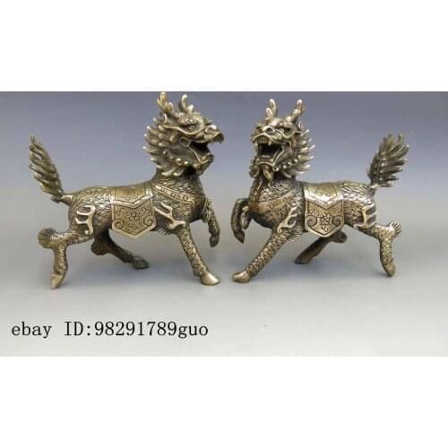 Chinese Brass Copper Animal Fengshui kylin unicorn Foo Dog pair Statue Statue Garden Decoration 100% real Brass BRAAS