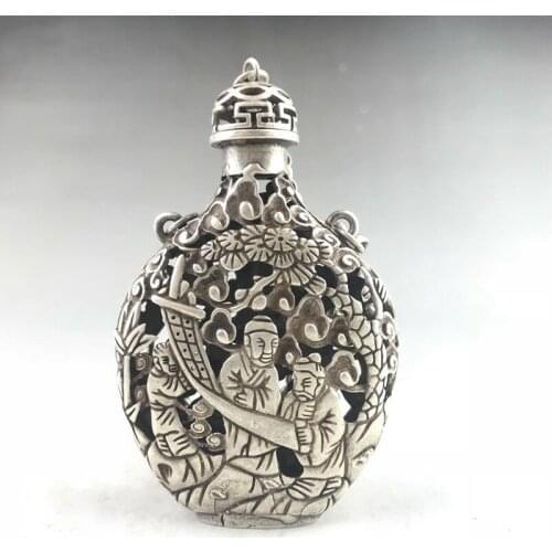 CHINESE TIBETAN SILVER COPPER SNUFF BOTTLE HAND-CARVED CHILDRENS PATTERN