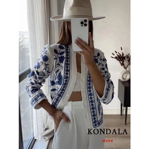 KONDALA Za Women Cardigan Shirts New Embroidered Tops Streetwear Vintage Shirts 100% Cotton Loose Mujer Sun Protection Shirts