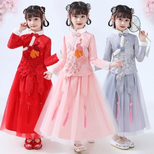 Autumn And Winter Girls' Hanfu Tang Suit Long Sleeves Two Piece Princess Skirt Party Costume Wedding Flower Childrens Clothing