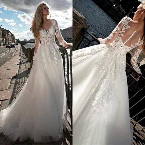 Custom Made White Tulle Wedding Gowns Decorated With Beading Applique Lace Wedding Dress Long Sleeve vestido de noiva Bride Dre