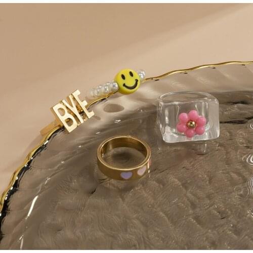 LOVOACC Fashion Yellow Color Smile Face Faux Pearl Beaded Charm Rings for Women Ladies Clear Arcylic Chunky Rings Accessories