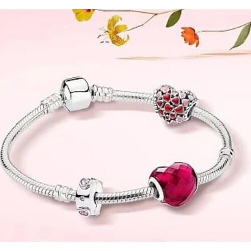 NEW 100% 925 Sterling Silver Red Heart Love 3 Charm Bead Bracelet Set Planet of Charm Astronaut Night Blue Love Heart Charm