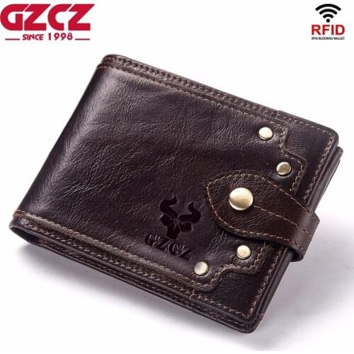 GZCZ New 100% Genuine Leather Wallet Men Male Coin Purse Portomonee Clamp For Money For Zipper Pocket Card Holder Hasp Money Bag