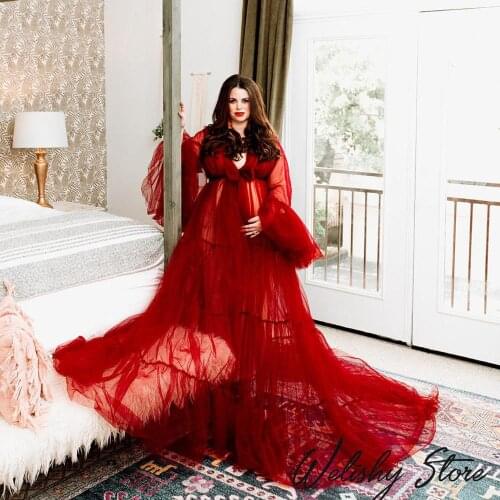 New Arrival Sexy Red Maternity Tulle Dresses Women Long Sheer Floor Length With Train Dress Photo Shoot Pregnancy Prom Gown