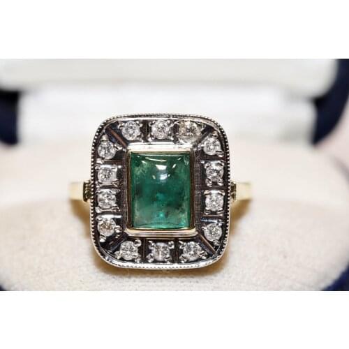 Original Vintage Art Deco 18k Gold Natural Diamond And Emerald Decorated Strong Ring