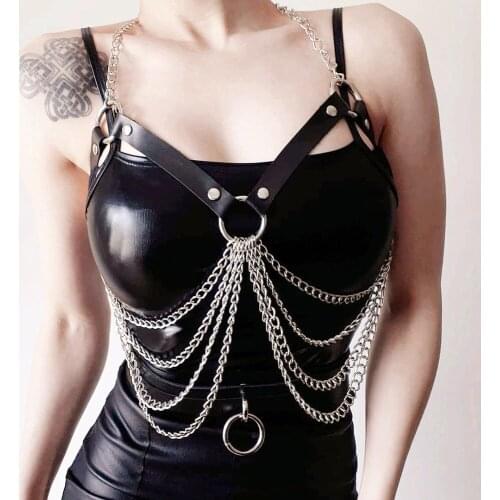 Harness Bra Top Metal Chain Tassel Pink Leather Suspender for Women Gothic Chest Bondage Cage Sexy Lingerie Rave Clothes Jewelry
