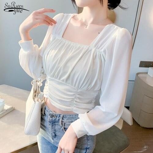 Square Collar Casual Shirts Pleated Sexy White Office Blouse Shirt Women Lantern Sleeve Ladies Tops Tunic Blouses Women 13265