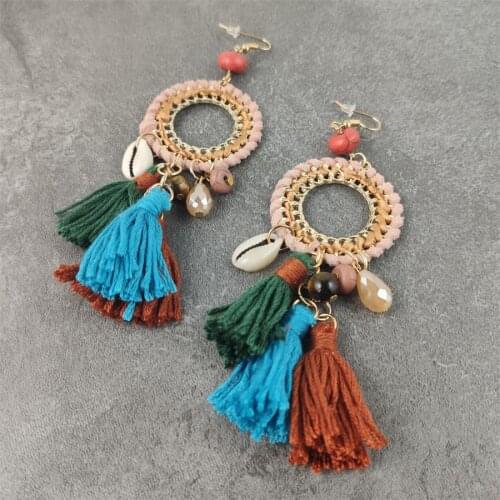 New Ethnic Bohemian Dangle Earrings With Cotton Tassel Colorful Winter Style Dream Catcher Earrings