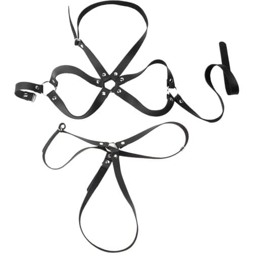 Sexy Leather Strap Body Harness Halter Teddies With Metal Chained Bra And Crotch Fetish Bodysuit Costume Kinky