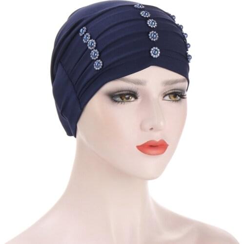 New Solid Color Pleated Turban Bonnet Arab Wrap New Crystal Button Design Muslim Headwear Elastic Cancer Chemo Hair Accessories