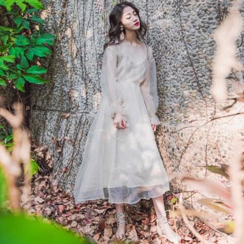 Vintage Floral Embroidery Mesh Dress Women Elegant O-Neck Long Sleeve Party Dresses Female Summer 2020 Fashion Clothes Vestidos