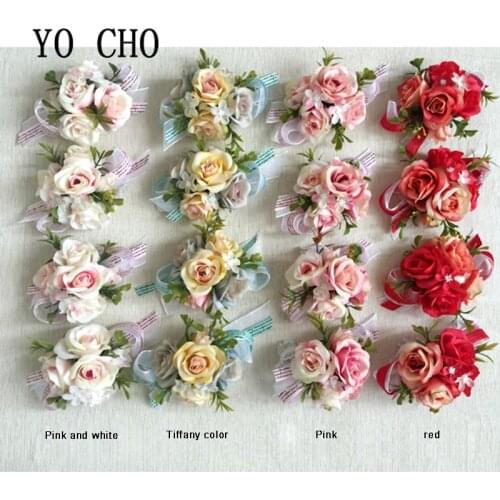 YO CHO Silk Groom Boutonniere Flowers Boutonniere Wedding Corsage Bracelet Bridesmaids Wedding Corsages and Boutonniere Brooches