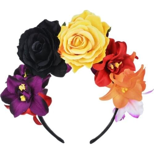 Womens Mexican Simulated Rose Flower Crown Headband Day of The Dead Halloween Headpiece Colorful Fake Stamen Party Hair Hoop