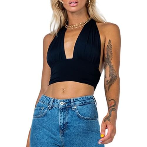 2021 Ladies Black Sexy Summer Vest Solid Color Halter Neckless Sleeveless Halter Neck V-Neck Crop Top Dating Shopping Girl