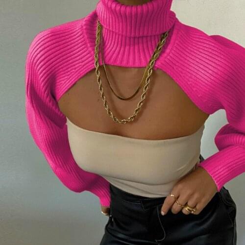 Y2K Aesthetic Crop Top Female Sweaters High Collar Long Puff Sleeve Knitwear Pullover for Women Spring Autumn Halter Top PR2217G