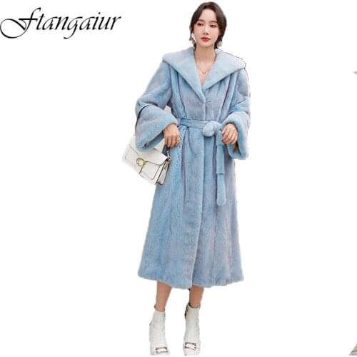 Ftangaiur 2020 Winter Import Purple Standard Velvet Mink Fur Coat Womens X-Long With Hood Big Losse Natural Real Mink Fur Coats