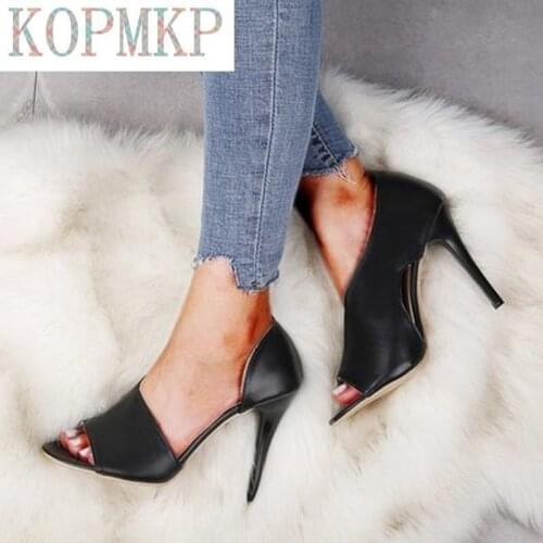 Solid Color Big Size High Heel Sandals Slip-on Ankle-Wrap Leather Vamp Fish Mouth Peep Toe Sandals Outdoor Casual Shoe Size35-43