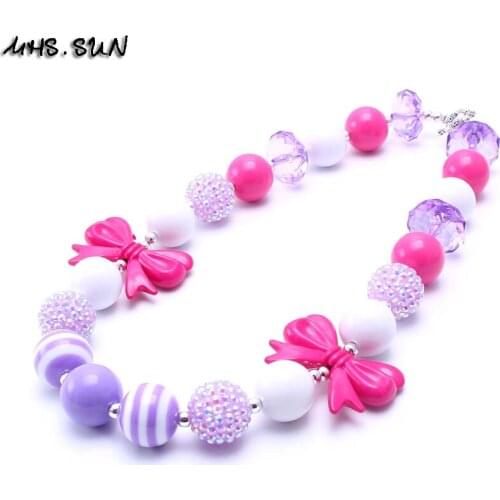 Sparkly plum bow pendant necklace girls chunky beads necklace jewelry Colorful of bubble gum beaded kids chunky necklace