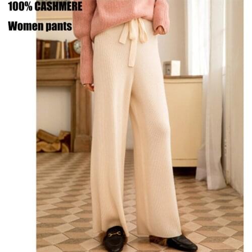 Pure 100% pure cashmere Women pants winter Autumn high waist knitted 2019 wide-leg loose pants Ladies elastic waist