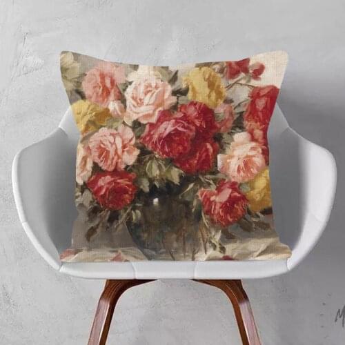 Rose Flower Cushion Cover Vintage Floral Polyester Beige Linen Throw Pillow Case 45X45cm Home Sofa Decoration