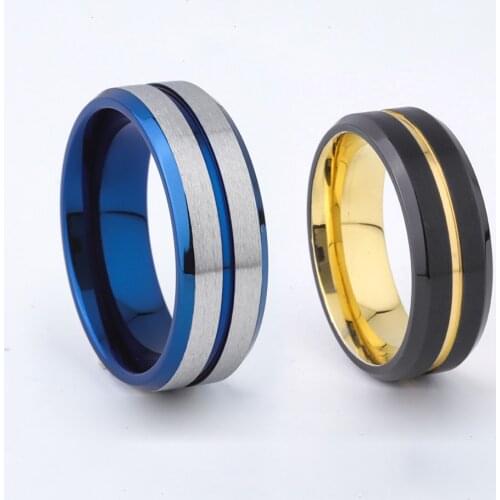 Two Tone Gold/Blue 8mm Mens Ring Wedding Band Fashion Rings Classic Man Gents Party Male Stainless Steel Jewelry