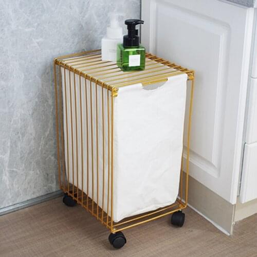 Nordic Wrought Iron Dirty Clothes Storage Basket Hamper with Wheels Laundry Storage Storage Baskets with Linen Bag 3 Colors