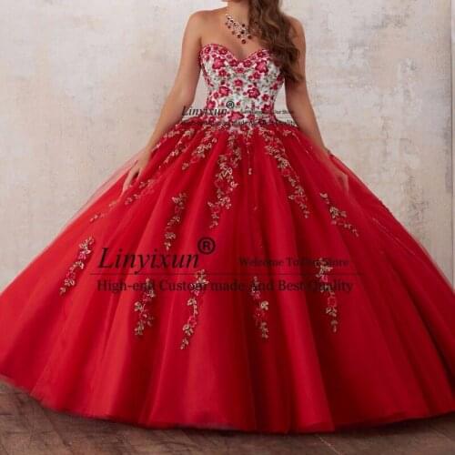 Embroidery Red Quinceanera Dresses 2020 Beadings Crystal Tulle Dresses 15 year old Debutante Sweetheart neck Vestidos De 15 Anos