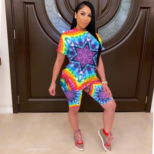 Summer Tie Dye Colorful 2Pieces Sets for Women Female Tracksuits Short Sleeve T-Shirt+High Waist Shorts Sports Wear Set