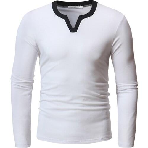 Mens V Neck T-Shirt Plain Slim Fit Casual Long Sleeve Basic Tees Tops Pullover H30