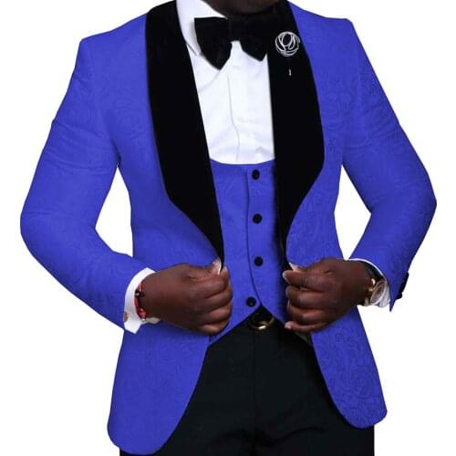 Blue 3 Pieces Mens Suit Floral Jacquard Black Shawl Lapel Groomsmen Tuxedos for Wedding Suits Men 2019(Blazer+vest+Pants)