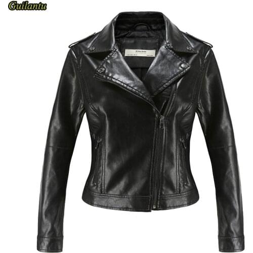 New Faux Pu Leather Jacket Womens Spring Jackets Turn-down Collar Zipper Short Outerwear Motorcycle Biker Basic Coat Female