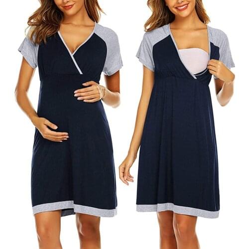 2020 summer new stitching short-sleeved V-neck maternity dress pregnancy clothes nursing dresses Pregnant mother clothing Q0801