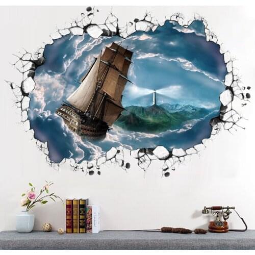 New 3d sea of clouds sailing large wall stickers home decor living room bedroom diy art mural removable wall sticker
