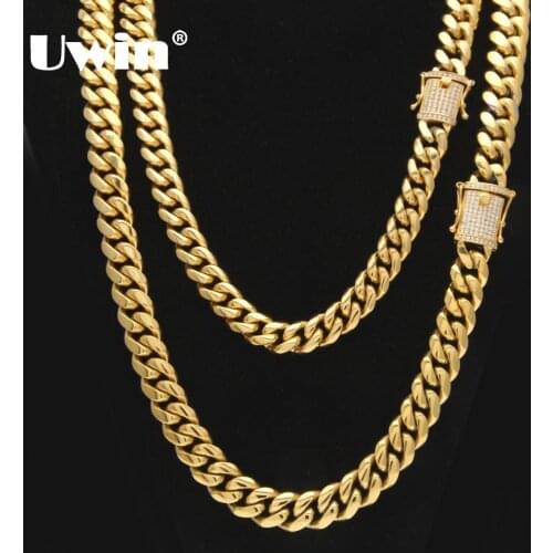 Uwin Stainless Steel Cuban Link Chain With Bling CZ Zirconia Triple Lock Luxury Top Quality Necklace 12&14mm Hiphop Men Jewelry