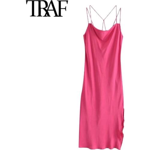 TRAF Women Fashion Side Slit Soft Touch Midi Camisole Dress Vintage Backless Cross Thin Straps Female Dresses Mujer