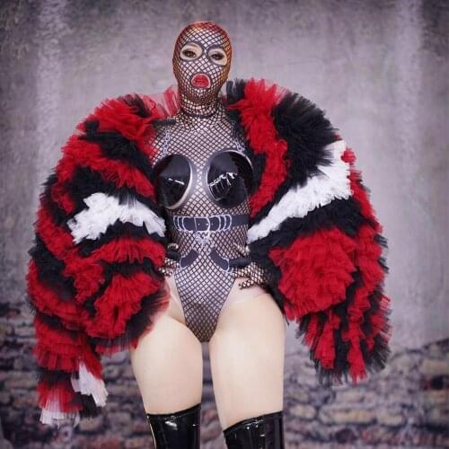 Festival Clothing Stage Dance Clothing Set Party Nightclub Costume Dance Wear Sexy Black Red Mesh Jacket Outfit Bodysuit