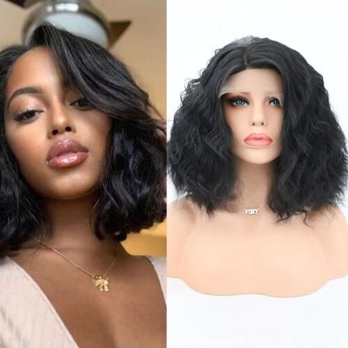 QUINLUX WIGS Per Plucked Lace Front Black Wavy Bob Synthetic Wigs For Black Women Daily Use High Temperature Heat Fiber African