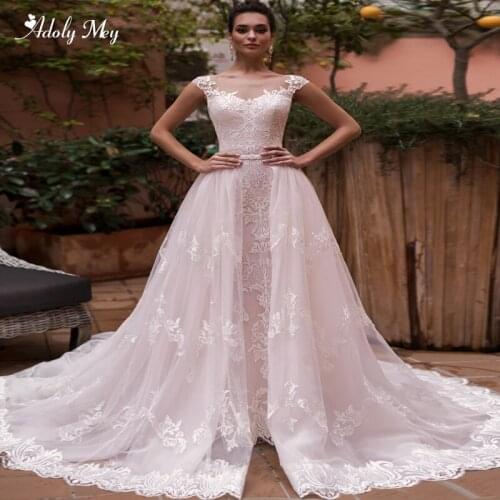 Adoly Mey Romantic Scoop Neck Cap Sleeve A-Line Wedding Dresses 2020 Luxury Beaded Sashes Appliques Detachable Train Bridal Gown