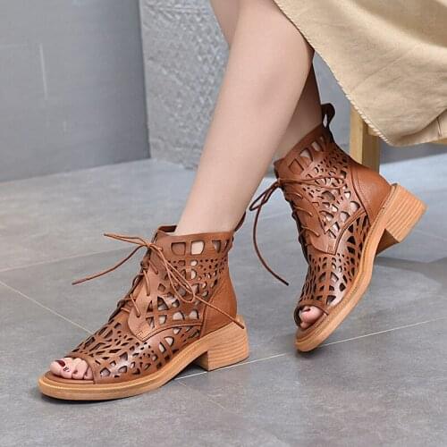 Women Sandals Genuine Leather Retro Lace-Up Summer Shoes 2021 Handmade Concise Hollow Platform Sandals Ladies Sandalias Mujer