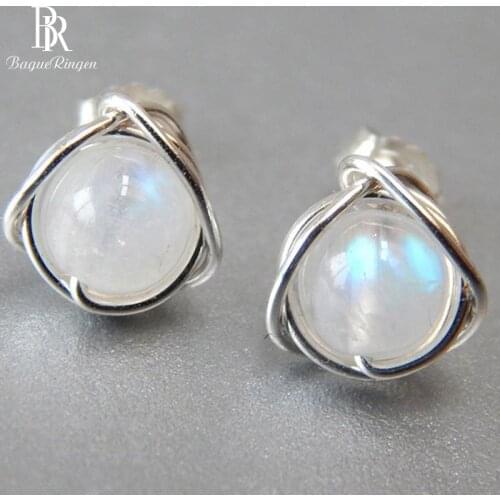 Bague Ringen Temperament Minimalist Sterling S925 Silver Jewelry Moonlight Stone Earrings for Women Anti-allergy Ear studs Lady