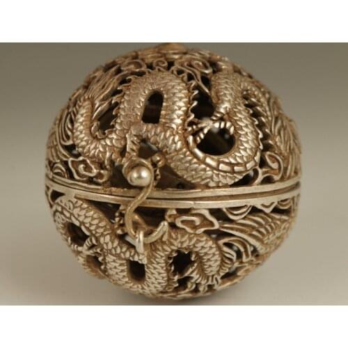 Old Tibet Silver Copper Hand Carved Dragon Phoenix Statue Incense Burner Buddha