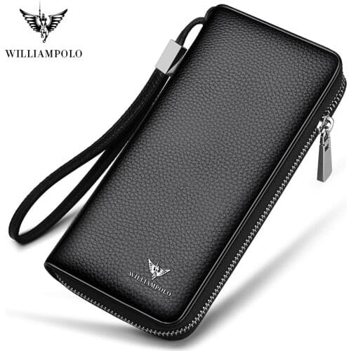 WILLIAMPOLO 100% Cowhide Leather Men Long Wallet Large Compartment 35 Card Holder Wallet Portefeuille Homme Cuir PL171333