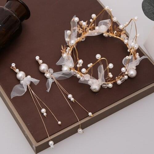 Wedding Tiaras And Crowns Pearl Earrings For Women Bride Handmade Yarn Hair Jewelry Crystal Wedding Hair Accessories Party Girls